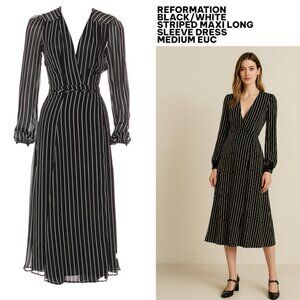 REFORMATION BLACK/WHITE STRIPE MIDI LONG SLEEVE WRAP V‎ NECK DRESS MEDIUM EUC